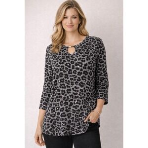 Cathy Daniels 2X Leopard Print Top Faux Layered Tank Blouse Gray Black Sparkle